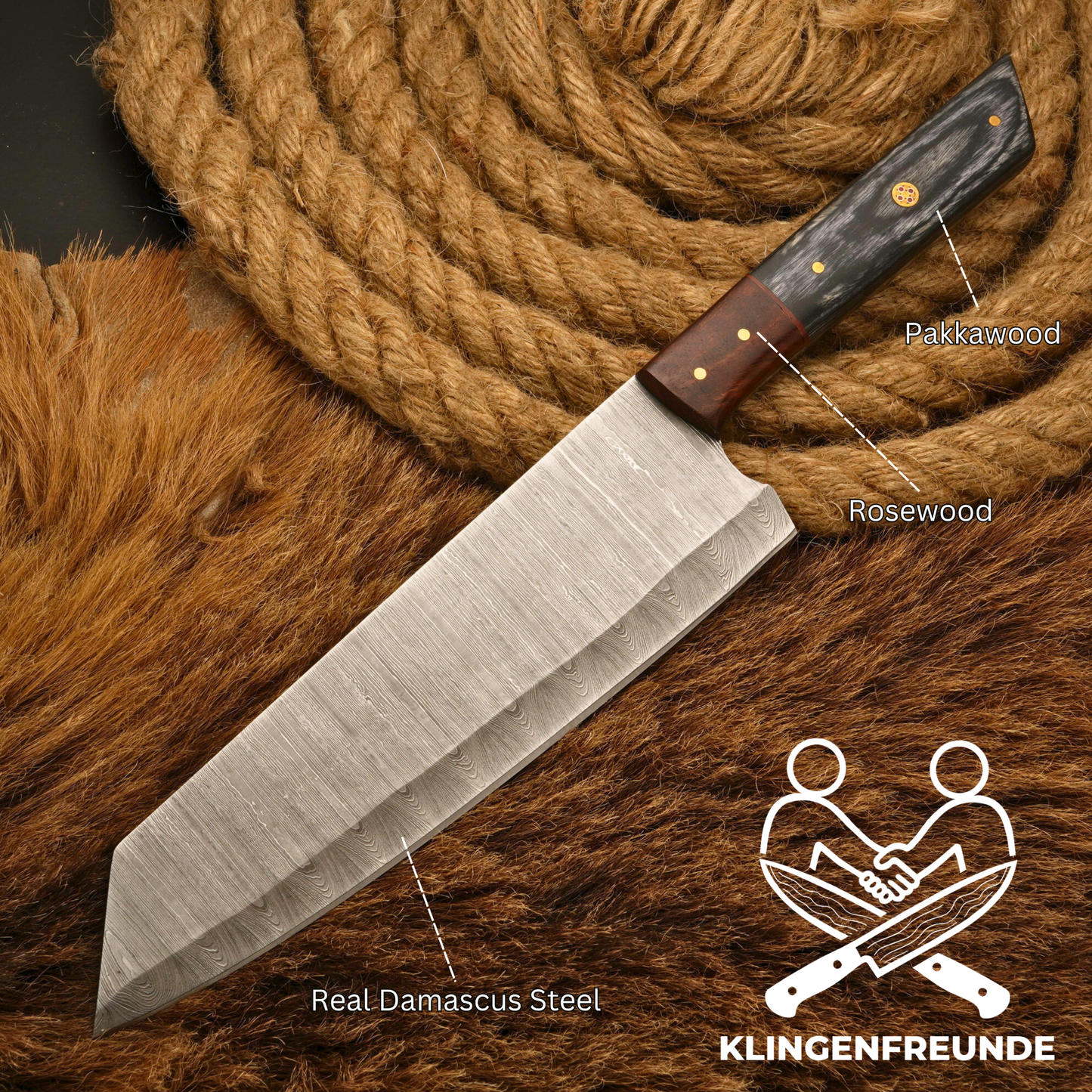 Damast Küchenmesser Kiritsuke - Rosen- & Pakkaholz