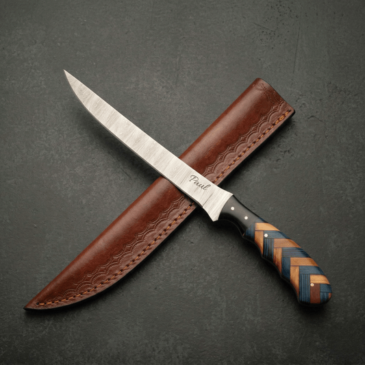 Filletiermesser aus echtem Damaststahl - Olivenholz-Griff