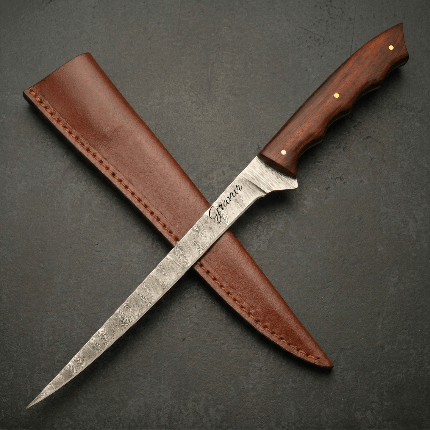 Filletiermesser aus echtem Damaststahl – Rosenholz