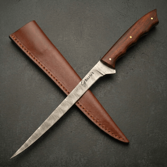 Filletiermesser aus echtem Damaststahl – Rosenholz
