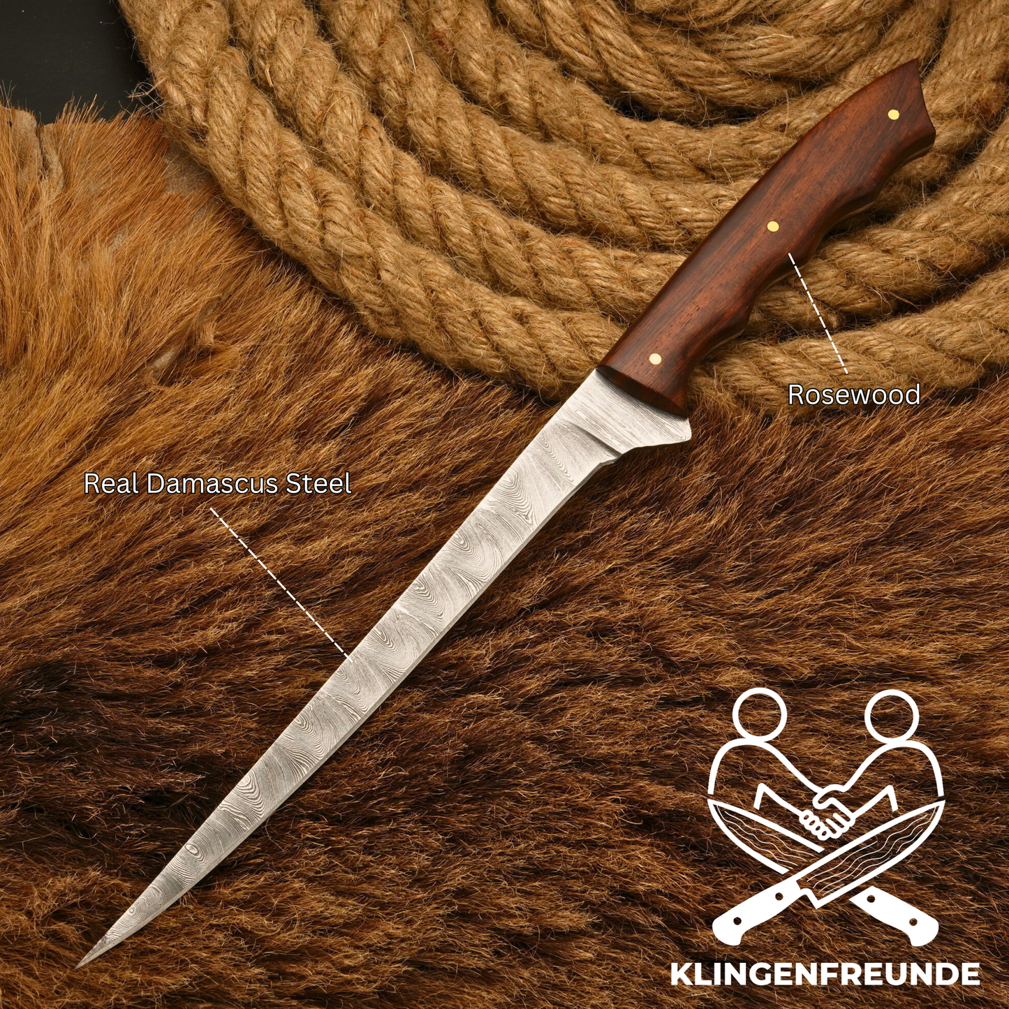 Filletiermesser aus echtem Damaststahl – Rosenholz
