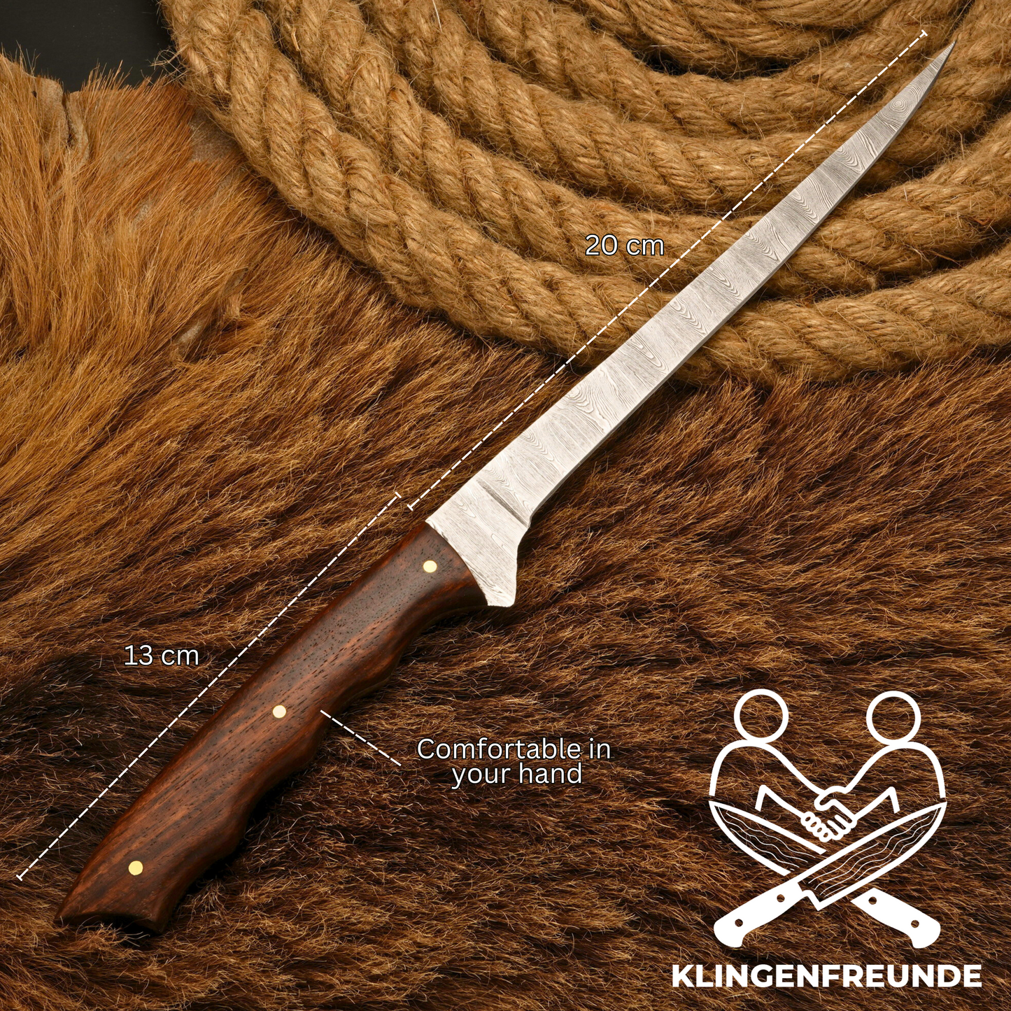 Filletiermesser aus echtem Damaststahl – Rosenholz
